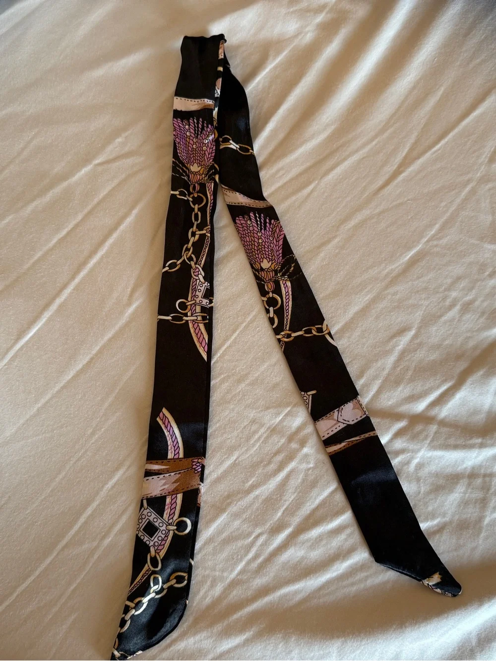 Twill Silk Scarf Ribbon Belt Print Head Bag Neck Tie 34” Black Chain Keychain